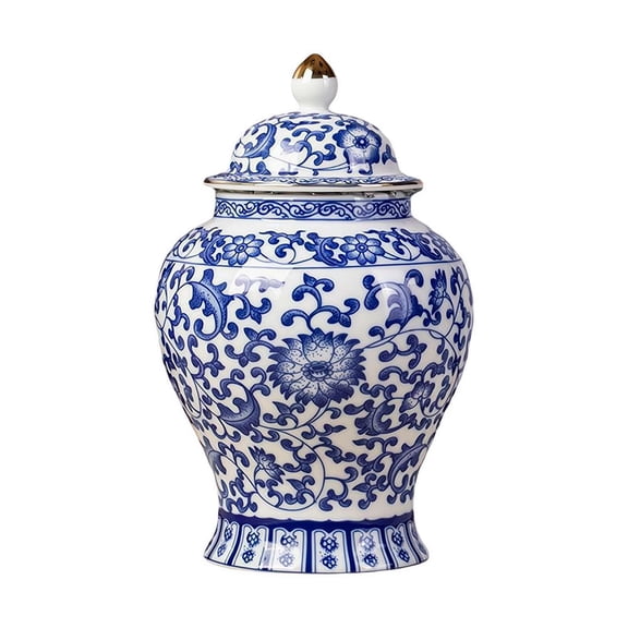 Blue and White Porcelain Ginger Jar with Lid, Chinese-Style Ceramic Storage Jar for Home Decor, 900ml Decorative Vase for Living Room Coffee Table Shelf, Housewarming Gift