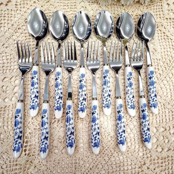 Blue White Porcelain Handle Silverware Set 12pcs Stainless Steel Forks Spoons Elegant Tableware