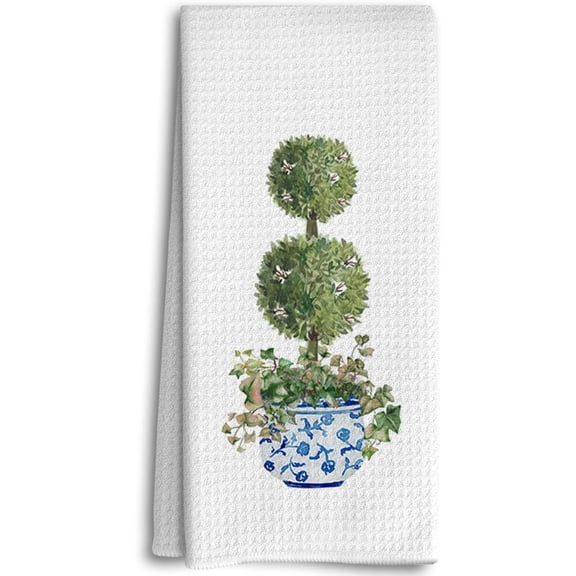 Blue and White Porcelain Kitchen Towels,Chinoiserie Decor, Preppy Chinoiserie Hand Towels, Watercolor Green Topiary Trees Bathroom Kitchen Decor, Vintage Plant Dish Towels Tea Towels for Kitchen