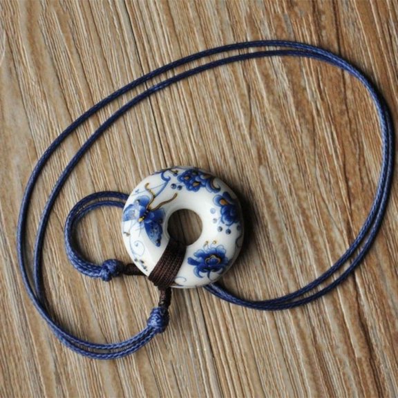Blue White Porcelain Necklace Chinese Style Handmade Ethnic Pendant Ceramic Jewelry Unisex Accessory for Men and Women