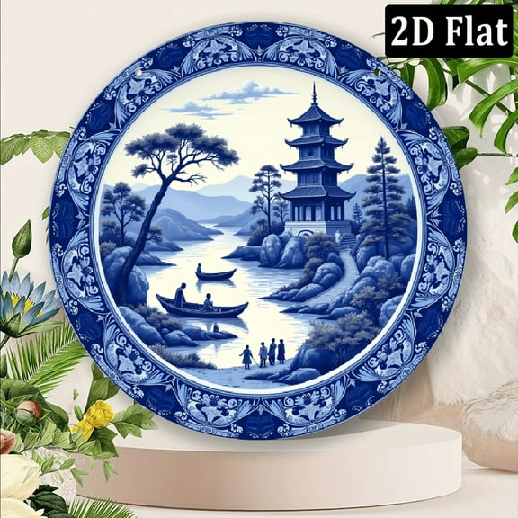 Blue and White Porcelain Plate 8*8 Inch, Flat Decoration in 2D for Rooms, Vintage Sign with Classic Oriental Aesthetics, Aluminum Wall Art for Tea Room New China, Decorati