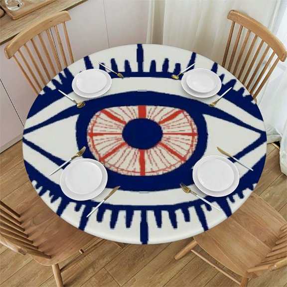 Blue and White Porcelain Print Round Tablecloth Elastic Fitted Table Cover Washable Elastic Edge Tablecloths for Kitchen Dining Party Fitted Round Table