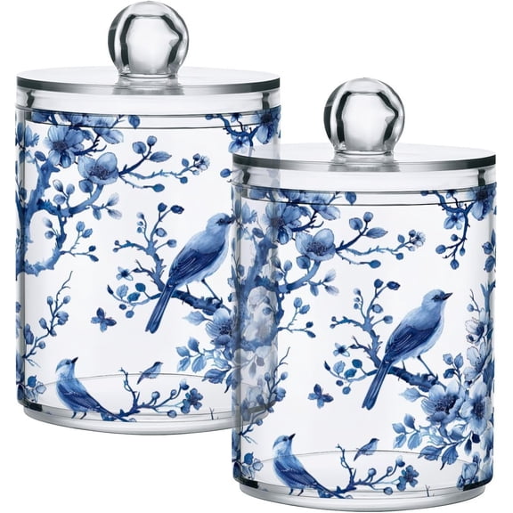 Blue White Porcelain Qtip Holder 2 Pack - 10 Oz Clear Plastic Apothecary Jar Set for Bathroom Organization - Versatile Canister Storage for Cotton Balls, Swabs, Rounds