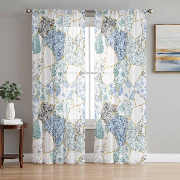 Blue White Porcelain Sheer Curtains 72 Inch Length 2 Panels Set Window Treatments, Traditional Oriental Chinese Art Rod Pocket Semi Curtains for Living Room/Bedroom/Kitchen Décor, 104"W x 72"L