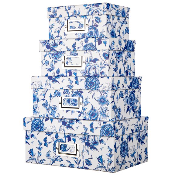 Blue And White Porcelain Storage Boxes With Lids  Set Of 4 - Chinoiserie Decorative Nested Card Photo Box Organizer Paperboard For Closet Office Gifts