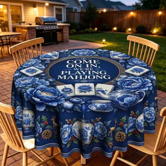 Blue White Porcelain Style Mahjong Theme Round Tablecloth, Polyester, Home Table Decor For Family Dinner Gathering