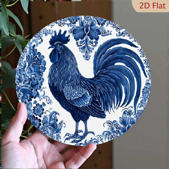 Blue & White Porcelain Style Rooster Decor, 8" Round Aluminum Metal Signs, Wall Decor For Kitchen, Door, Office, Bedroom Decor, Best Gifts For Room, Home, Bathroom Decor, Weird Decor, 2D Flat
