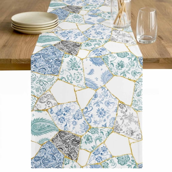 Blue White Porcelain Table Runner 48 Inches Long Farmhouse Dress Scarves, Traditional Oriental Chinese Art Dining Tablerunner for Coffee Table/Kitchen Island/Party Décor, 13" x 48"