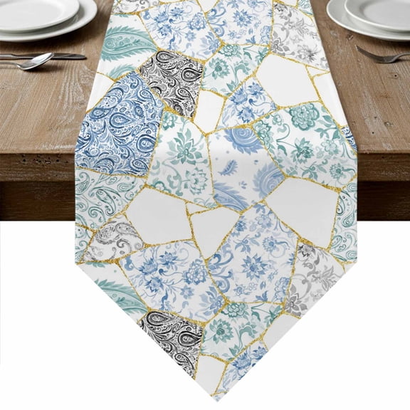 Blue White Porcelain Table Runner Linen Burlap Table Runner 48 Inches Long Traditional Oriental Chinese Art Dresser Scarves for Kitchen Island Coffee Dining Party Wedding Holiday Decor 13"x48"