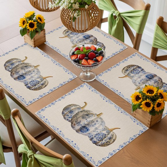 Blue White Porcelain Texture Pumpkin Placemats Set of 4,Wipeable Washable Table Mats for Dining Tables, Flower Leaves on Farm Burlap Place Mats for Kitchen Event Party Tabletop Decor