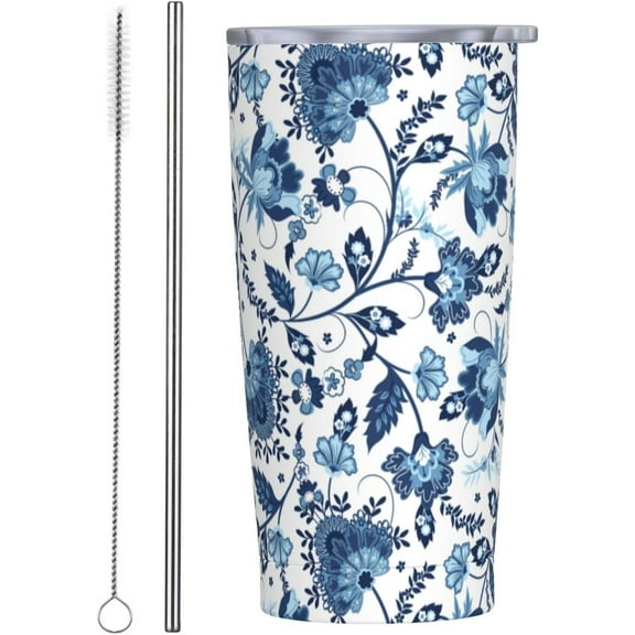Blue White Porcelain Tumbler,Ceramics 20oz Stainless Steel Insulated Travel Tumbler,Travel Coffee Mug with Lid and Straw Water Bottle Drink Tumbler Cups Gifts for Women Men Lovers