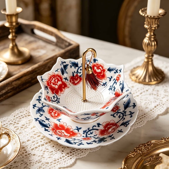 Blue and White Porcelain Umbrella, Chinese Blue & White Porcelain Loose Leaf Filter with Rotating Design, Multi-Purpose Tea Infuser for Kung Fu/Coffee/Brewing