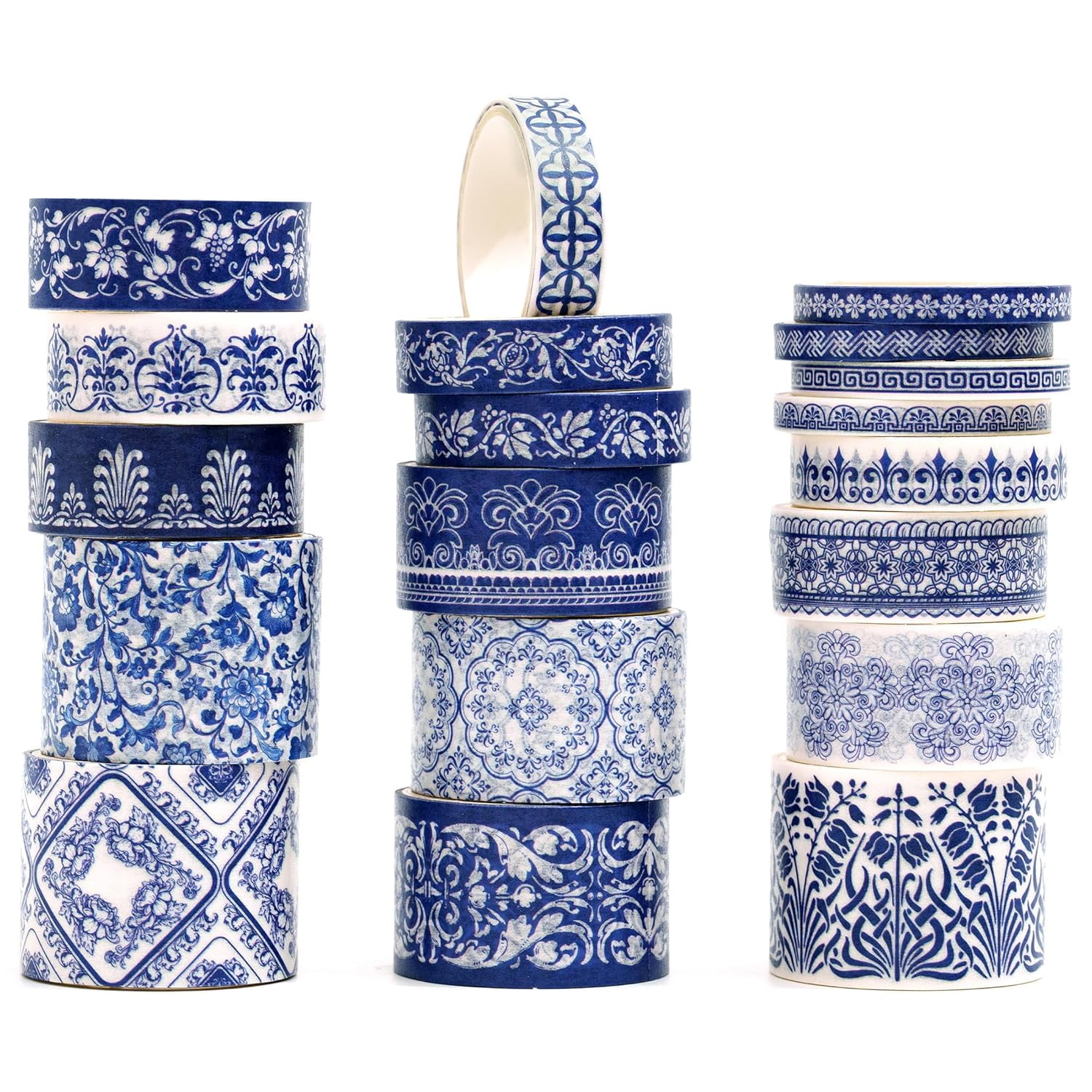 Blue & White Porcelain Washi Tape Set, Traditional Chinese Ceramic Pattern Decorative Masking Tapes for Craft, Scrapbook, DIY, Gift Wrapping
