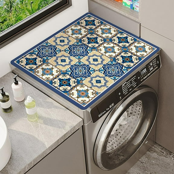 Blue and White Porcelain Washing Machine Dust Cover 19.7" x 23.6" Non-Slip Washer Dust Covers Pad Washer Dryer Top Mat for Laundry Room Kitchen Microwave, Refrigerator