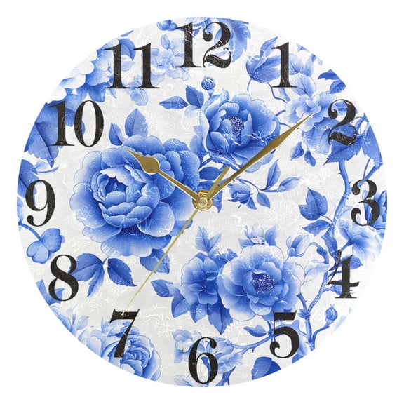 Blue White Porcelain with Roses Round Wall Clock Battery Operated Silent Non-Ticking Bedroom Office Kitchen Home School Decor 10"(Gold)