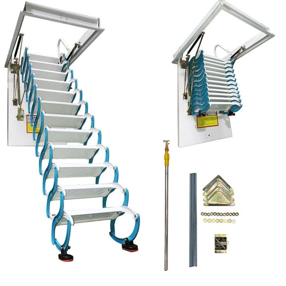 Blue-White Pull Down Attic Ceiling Ladder Ceiling Mounted Loft Stairs 12 Steps 27.56''*39.37''