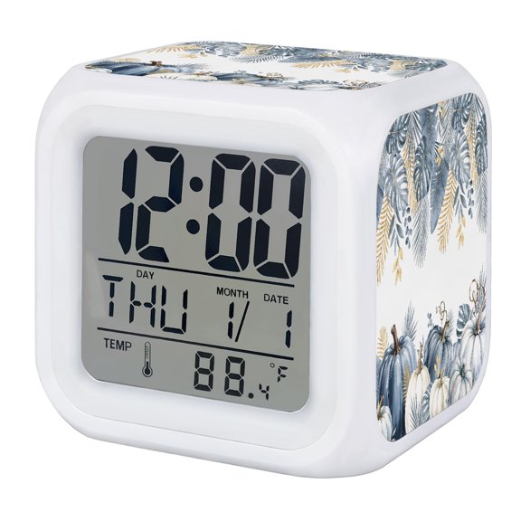 Blue White Pumpkin Digital Alarm Clock for Bedrooms,Smart LED Alarm Clock with 7 Color Changing Night Light,Fall Thanksgiving Tropical Botanical Silent Wake Up Clocks for Sleep Study 3.2"x3.2"