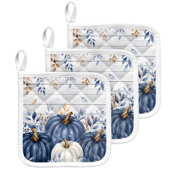 Blue White Pumpkin Fall Pot Holders for Kitchen Heat Insulation Potholder,Kitchen Pot Holders Sets Washable Oven Hot Pads Terry Cloth Trivet for Cooking Thanksgiving Eucalyptus Gray Wood 3 Pack