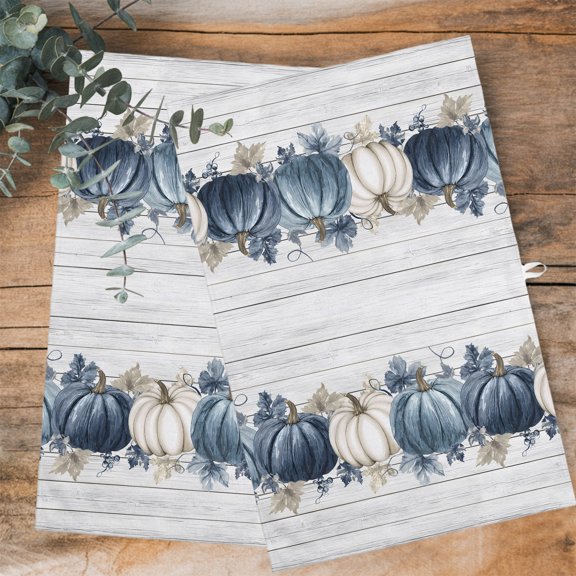 Blue White Pumpkin Kitchen Towels Dish Towel Pack of 4 Vintage White Wood Grain Thanksgiving Soft Dish Cloth Set Absorbent Dishcloth for Drying Dishes, Hand Towels 18 x 28 Inches
