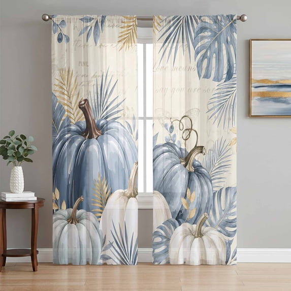 Blue White Pumpkin Sheer Curtains 72 Inches Long, Fall Thanksgiving Harvest Botanical Beige Light Filtering Window Curtains for Living Room, Rod Pocket Voile Chiffon Drapes, 52"W x 72"L, 2 Panels