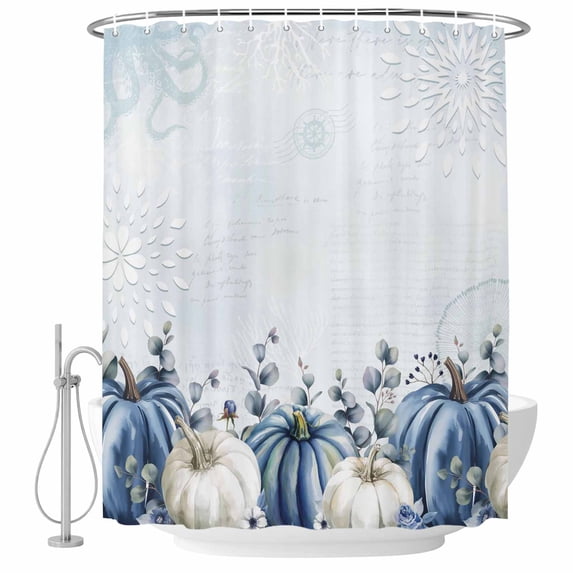 Blue White Pumpkin Shower Curtain, Waterproof Shower Curtains for Bathroom, Fall Thanksgiving Eucalyptus Coastal Washable Fabric Bathtub Curtain Set Bath Decor with 12 Hooks Standard 72"x72"