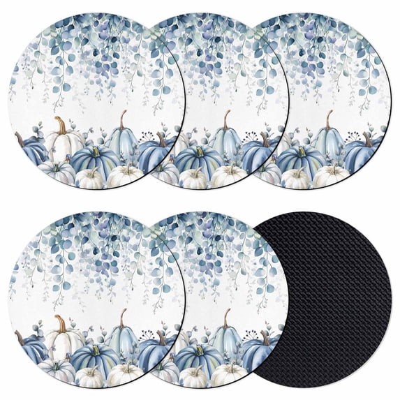 Blue White Pumpkins Coasters Set of 6, Absorbent Coasters for Drinks, Thanksgiving Fall Blue Eucalyptus Leaves Coaster for Desk Coffee Table Protection, Home Decor House Warming Gifts 4"