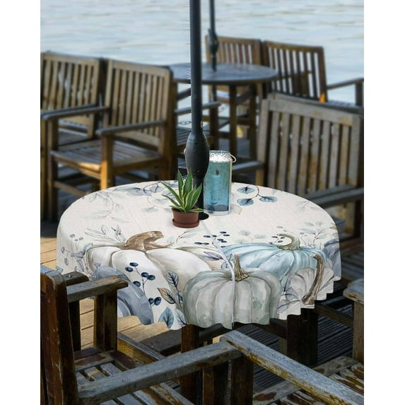 Blue White Pumpkins Fall Outdoor Tablecloth - 54 Inch Round Dining Table Cover, Vintage Maple Leaf Thanksgiving Waterproof Outdoor Table Cloth with Umbrella Hole & Zipper for Picnic/Patio
