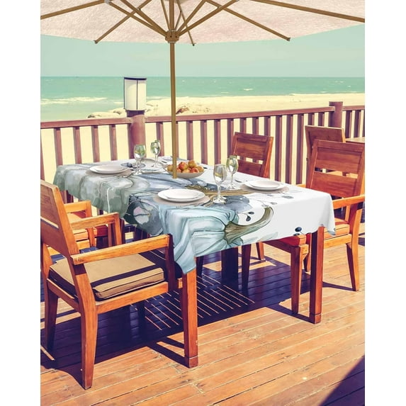 Blue White Pumpkins Fall Outdoor Tablecloth - 54 Inch Round Dining Table Cover, Vintage Maple Leaf Thanksgiving Waterproof Outdoor Table Cloth with Umbrella Hole & Zipper for Picnic/Patio