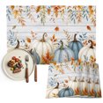 thumbnail image 1 of Blue White Pumpkins Fall Placemats Set of 6, Thanksgiving Maple Leaf Wooden Washable Wipeable Table Mats for Dining Tables, Indoor Outdoor Kitchen Place Mats for Holiday Party Table Decor, 1 of 9