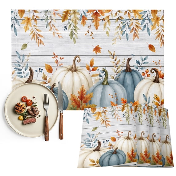 Blue White Pumpkins Fall Placemats Set of 6, Thanksgiving Maple Leaf Wooden Washable Wipeable Table Mats for Dining Tables, Indoor Outdoor Kitchen Place Mats for Holiday Party Table Decor