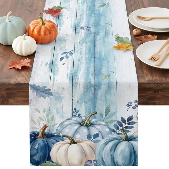 Blue White Pumpkins Fall Table Runner - 36 Inch Long Thanksgiving Eucalyptus Teal Wood Cotton and Linen Blended Dress Scarves Farmhouse Table Runner for Kitchen Dining, Coffee Table, 13" x 36"