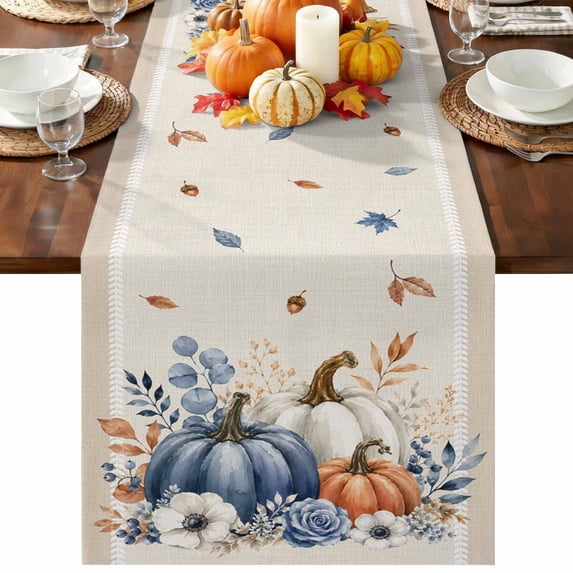 Blue White Pumpkins Fall Table Runner 72 Inches Long - Thanksgiving Eucalyptus Rustic Kitchen Dining Burlap Linen Tablerunner for Small/Round/Square/Wedding/Coffee/Dining Table Party Décor 13 x 72