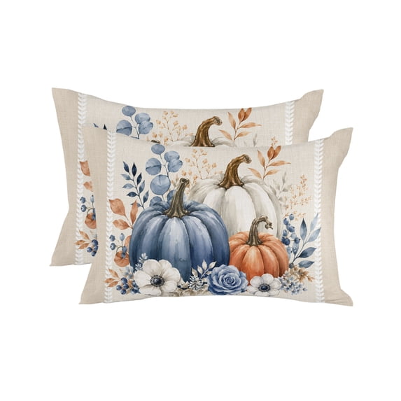 Blue White Pumpkins Fall Throw Pillows 12x20 Set of 2, Thanksgiving Eucalyptus Rustic Waterproof Outdoor Pillow Covers with Insert, Decorative Pillowcase Cushion for Couch, Sofa, Bed, Patio, Garden