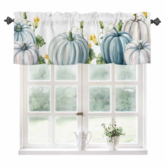 Blue White Pumpkins Kitchen Valances for Windows 54x18 Inch Kitchen Curtains Valances Rod Pocket Thanksgiving Fall Botanical Bathroom Window Valances for Window Treatment Decor