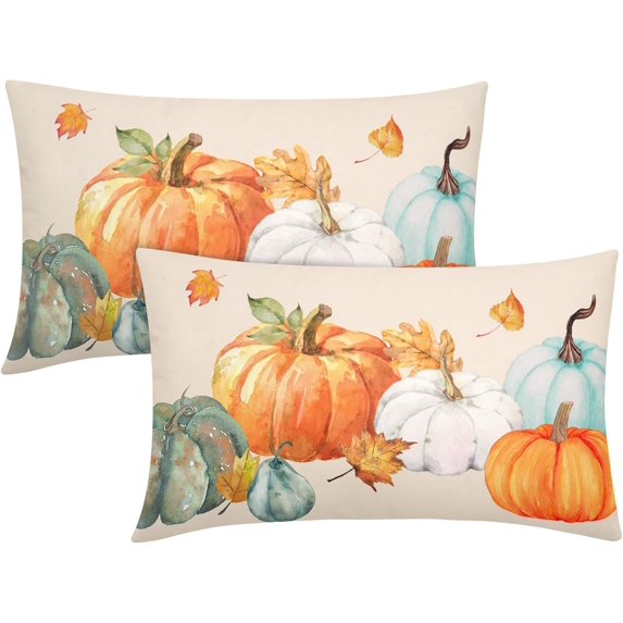 Blue and White Pumpkins Pillow Covers Fall Decorative Lumbar Pillows 12x20 Set of 2 Autumn Thanksgiving Throw Pillow Covers Farmhouse Pillowcases Cotton Linen Cushion Cover for Couch Bed Sofa Chair