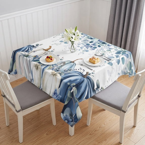 Blue White Pumpkins Table Cloth Waterproof Tablecloths, Thanksgiving Fall Blue Eucalyptus Leaves Tablecloth Dining Table Cover for Kitchen Party Tabletop Outdoor, Square Tablecloth 54x54 Inch