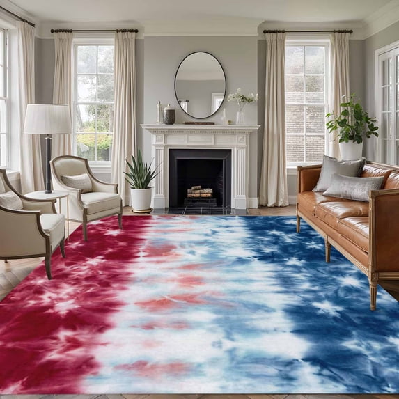 Blue White Red 5'x8' Area Rug for Living Room, Tie-dye American Flag Star Abstract Washable Non-Slip Rugs for Bedroom Nursery Dining Room, StainResistant Low-Pile Kitchen Carpet Large Entryway Rugs