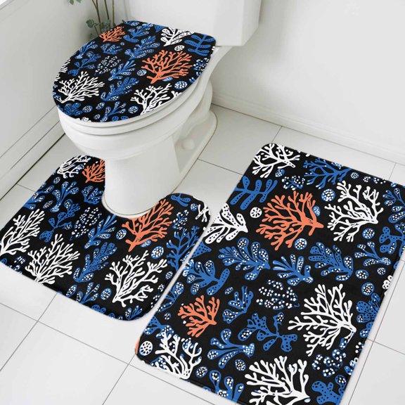 Blue White Red Coral Bathroom Rugs Set Coastal Hand Painted Style Marine Life Ocean Non Slip Absorbent Soft Bath Mats 3 Piece Set with Bathroom Rug, U-Shaped Floor Mat, Toilet Seat Cover Small Size
