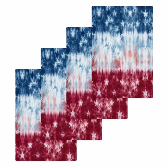 Blue White Red Kitchen Dish Towels for Drying Dishes Set of 4, Tie-dye American Flag Star Abstract Waffle Weave Microfiber Hand Tea Bathroom Towels Quick Dry & Absorbent Towel 15.7x23.6