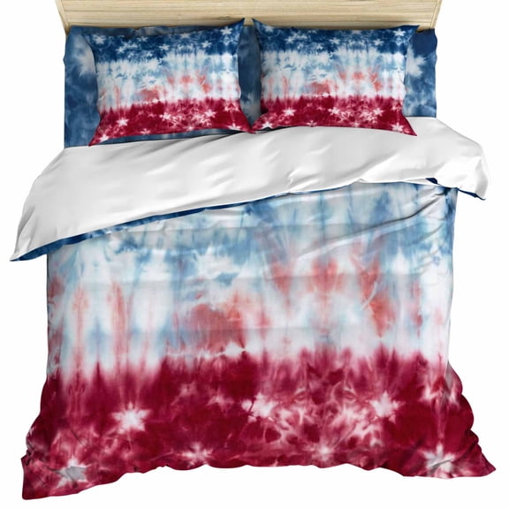Blue White Red Set of 4 Bedding Quilt Covers, Tie-dye American Flag Star Abstract 4-Piece Bed Sheet Set with Extra Soft Bed Sheets Quilt Cover Pillowcase, Queen