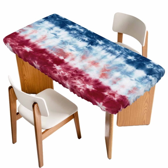 Blue White Red Table Cloths for 6 Foot Rectangle Tables, Tie-dye American Flag Star Abstract Patio Waterproof Elastic Fitted Tablecloths, Washable Rectangular Table Cover for Camping