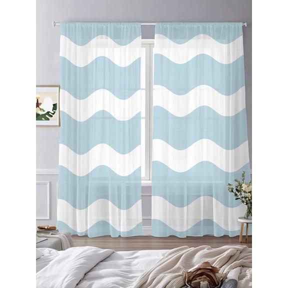 Blue White Ripple Striped Sheer Curtains 2 Panels Set Classic Wave Stripes Lihgt Filtering Rod Pocket Voile Drape,Semi Sheer Window Curtains for Bedroom Living Room,52"x84"