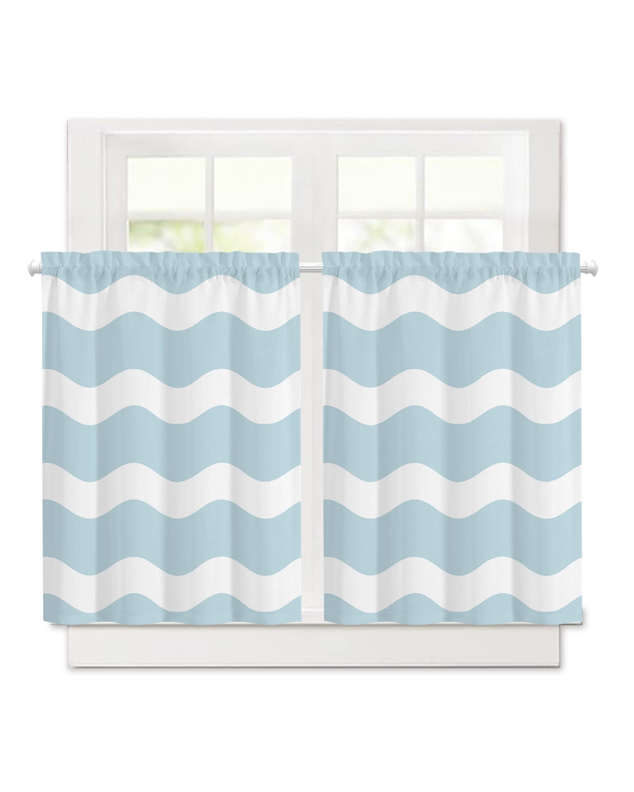 Blue White Ripple Striped Short Blackout Curtains 36 Inch Long,Classic ...