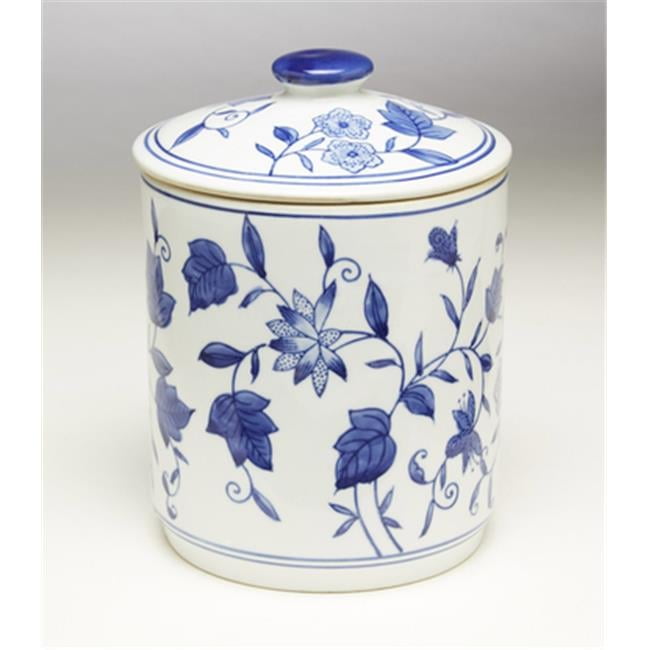 Blue and White Round Porcelain Jar with Floral Design