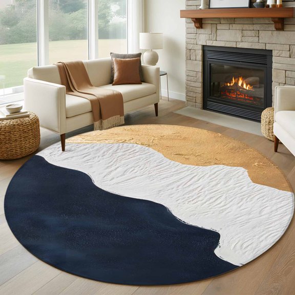 Blue White Round Living Room Rugs 6 ft, Gold Waves Abstract Modern Art Washable Area Rug with Non-Slip Sturdy Edge Binding Round Carpet for Kitchen Office Bedroom