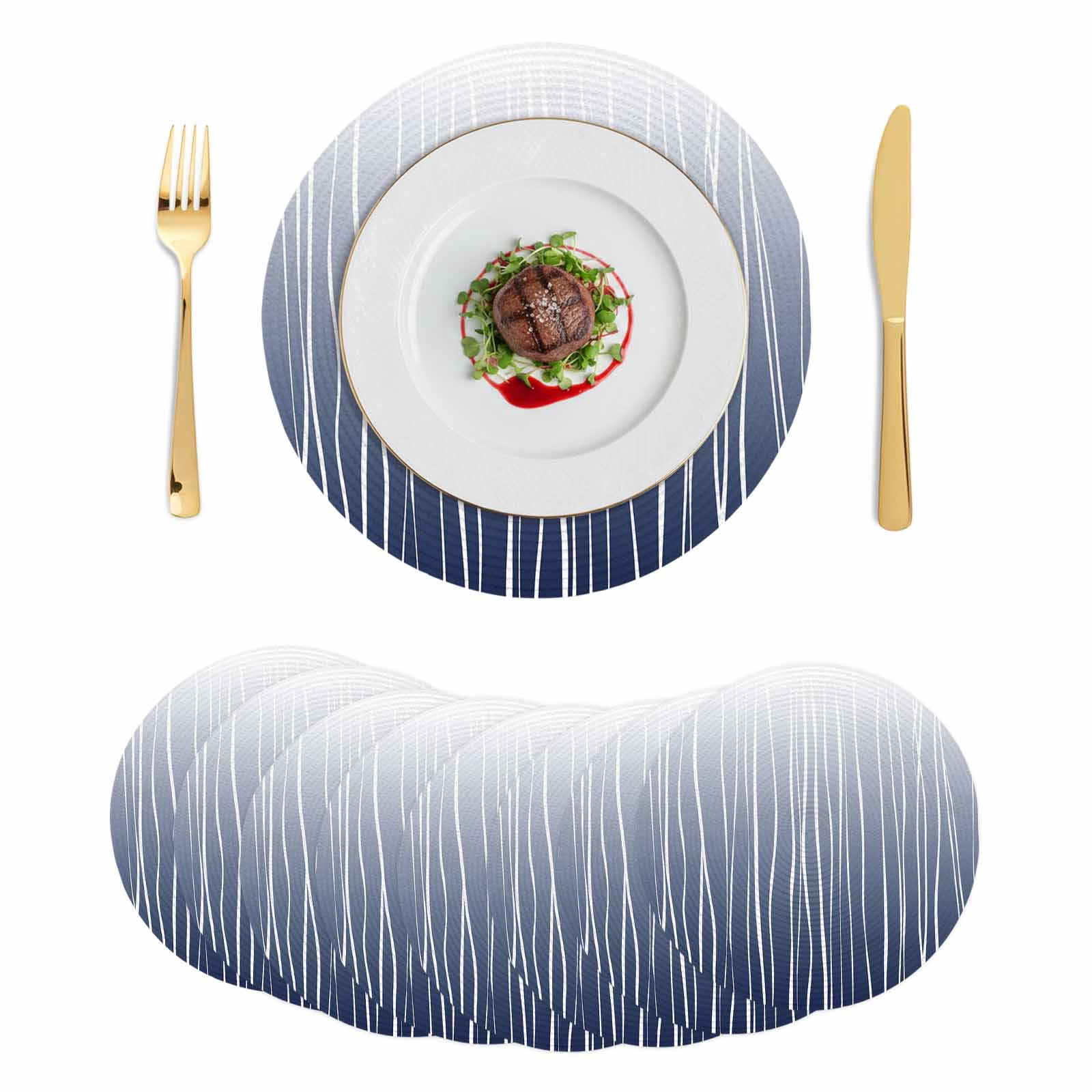 Blue White Round Placemats Set of 8 Ombre Gradient Striped Minimalist Texture Place Mats Indoor Woven Table Mats Washable Heat-Resistance Braided Dining Table Placemats for Kitchen Party 15 Inch
