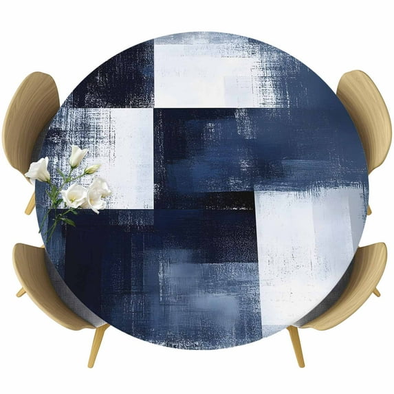 Blue White Round Tablecloth 55-60 Inch Round Fitted Table Cloth with Elastic Edge, Abstract Graffiti Graffiti Art Paint Waterproof Table Cover Protector for Outdoor Picnic Party Dining