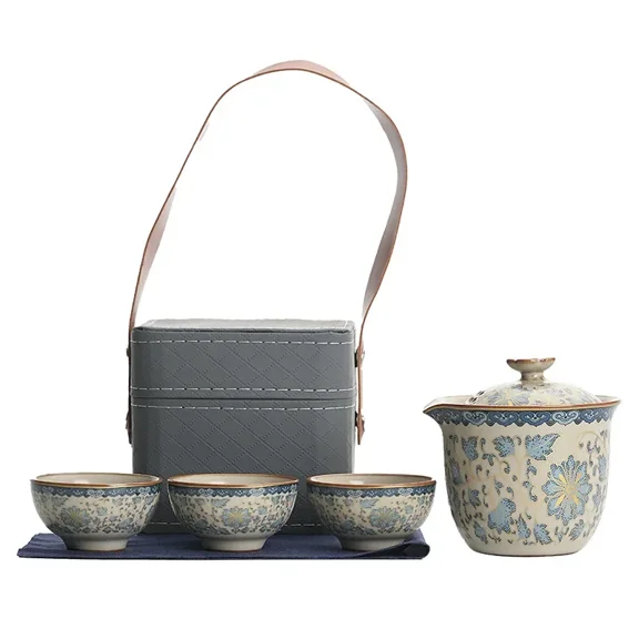 Blue & White Ru Porcelain Travel Tea Set - 1 Teapot 3 Cups, Portable Kung Fu Ceremony Kit with Lotus Pattern & Compact Case