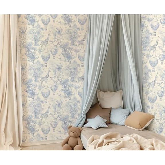 Blue and White Safari Animal Peel and Stick Wallpaper for Nursery and Kids Room - Cute and Whimsical Birthday Party Backdrop, Baby Shower Decor$$Tools & Hardware Other