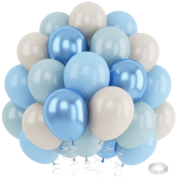 Blue White Sand Balloons, 60Pcs 12Inch Dusty Slate Fog Pastel Metallic Blue Beige Latex Balloon for Baby Shower Christening Bridal Wedding Birthday Party Decorations